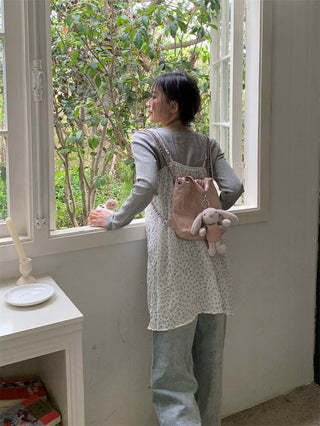 Small floral dress + gray round neck top
