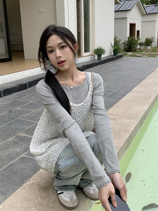 Small floral dress + gray round neck top