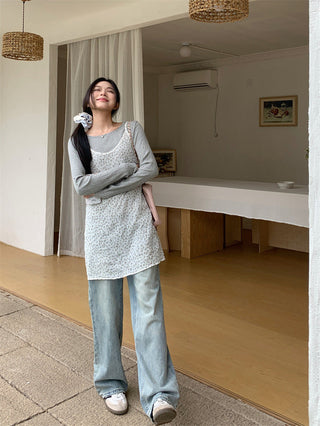 Small floral dress + gray round neck top