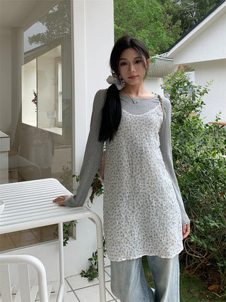 Small floral dress + gray round neck top