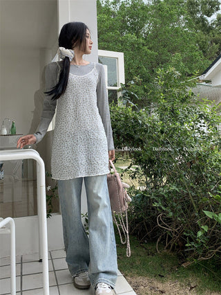 Small floral dress + gray round neck top