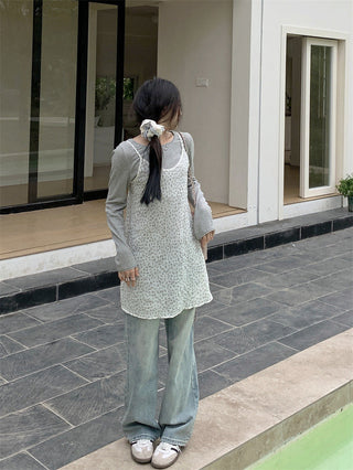 Small floral dress + gray round neck top