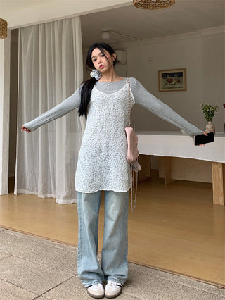 Small floral dress + gray round neck top