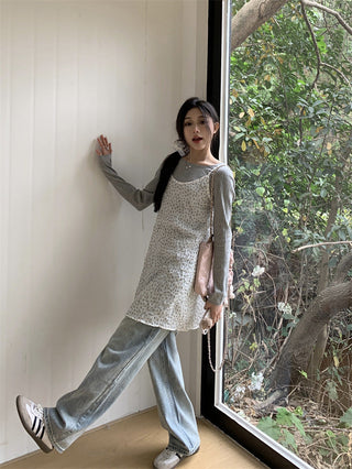 Small floral dress + gray round neck top