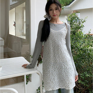 Small floral dress + gray round neck top