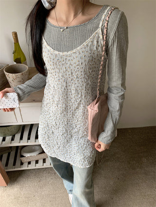 Small floral dress + gray round neck top