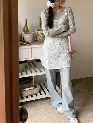 Small floral dress + gray round neck top