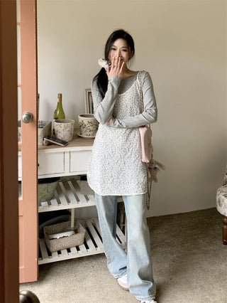 Small floral dress + gray round neck top