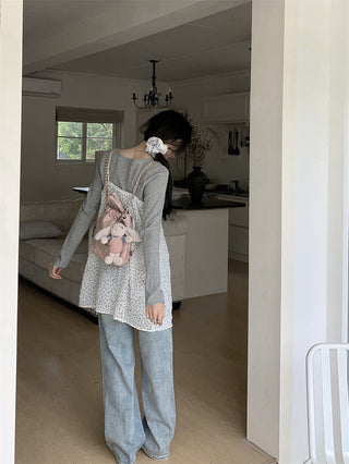 Small floral dress + gray round neck top