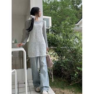 Small floral dress + gray round neck top