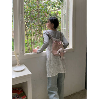 Small floral dress + gray round neck top