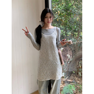 Small floral dress + gray round neck top