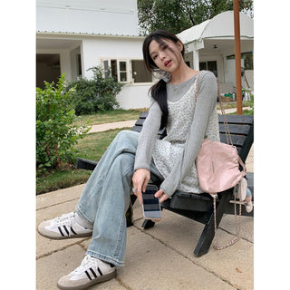 Small floral dress + gray round neck top