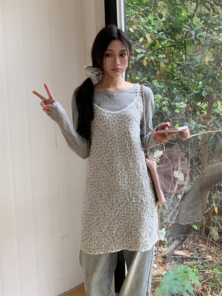 Small floral dress + gray round neck top