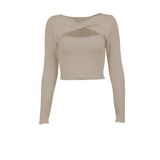 Long sleeve knitted hollow out ribbed cross front crop cut out top