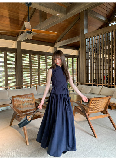 Chinese collar vest skirt set