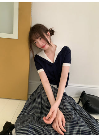 navy lapel Top