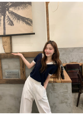 navy lapel Top