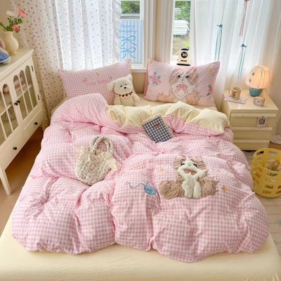Cute Kitty Pink Gingham Bedding Set