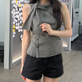 Mint Ribbon Check Shirred Sleeveless Blouse