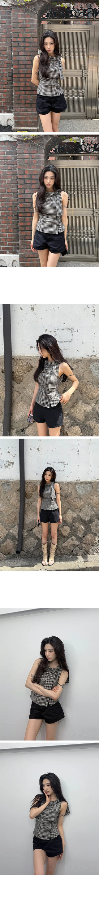 Mint Ribbon Check Shirred Sleeveless Blouse