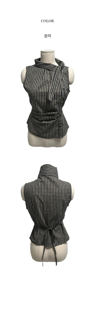 Mint Ribbon Check Shirred Sleeveless Blouse