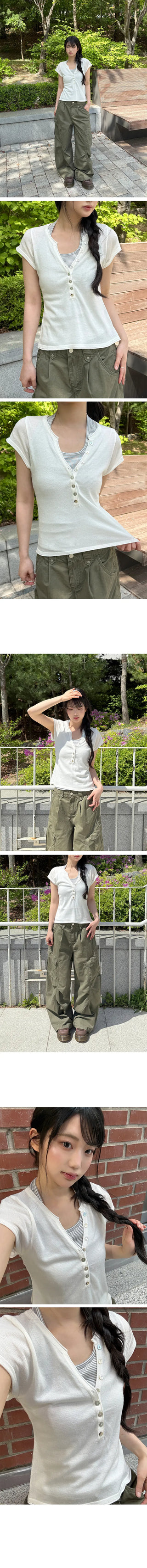 Polyester Button V-Neck Short Sleeve Knit