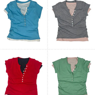 Polyester Button V-Neck Short Sleeve Knit
