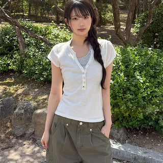 Polyester Button V-Neck Short Sleeve Knit