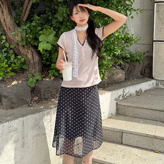 Polyester Button V-Neck Short Sleeve Knit