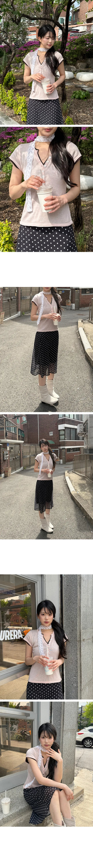 Polyester Button V-Neck Short Sleeve Knit
