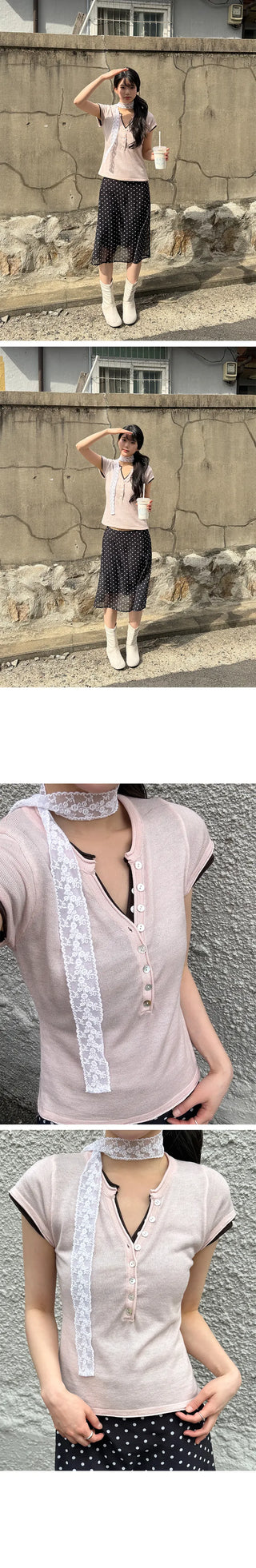 Polyester Button V-Neck Short Sleeve Knit