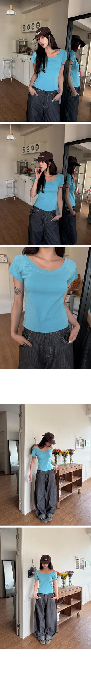 Waki Round U-Neck Off-Shoulder Basic Short Sleeve T-shirt