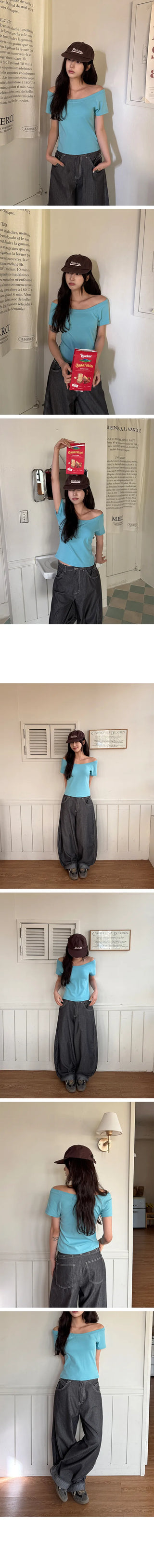 Waki Round U-Neck Off-Shoulder Basic Short Sleeve T-shirt