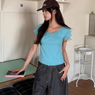 Waki Round U-Neck Off-Shoulder Basic Short Sleeve T-shirt