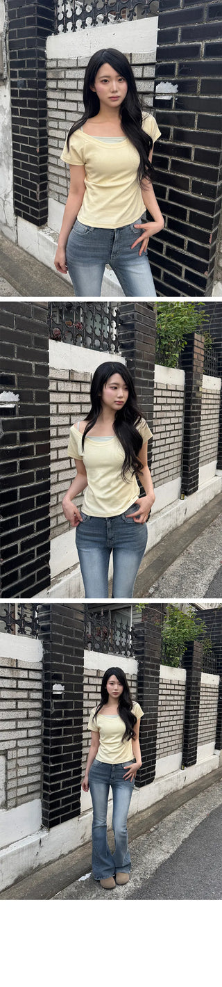 Waki Round U-Neck Off-Shoulder Basic Short Sleeve T-shirt