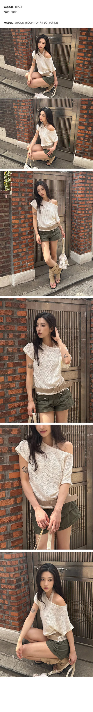 HEO Lace Punching Halter Neck One Off-Shoulder Short Sleeve T-Shirt
