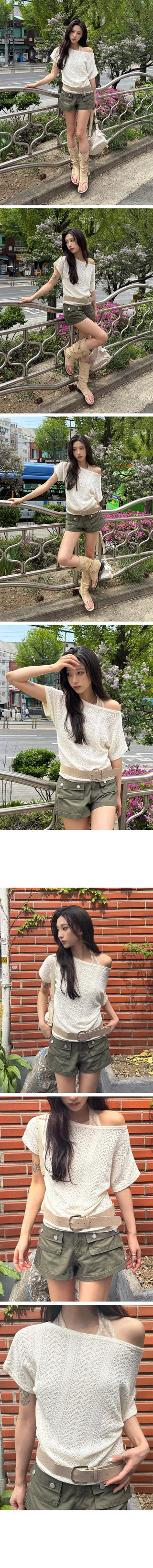 HEO Lace Punching Halter Neck One Off-Shoulder Short Sleeve T-Shirt