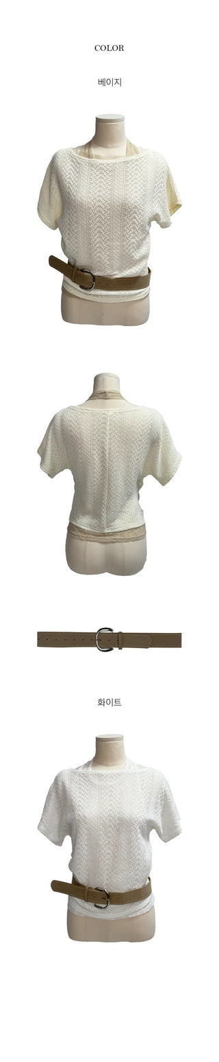 HEO Lace Punching Halter Neck One Off-Shoulder Short Sleeve T-Shirt