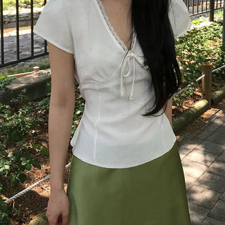 Sheer Ribbon Lace V-Neck Blouse