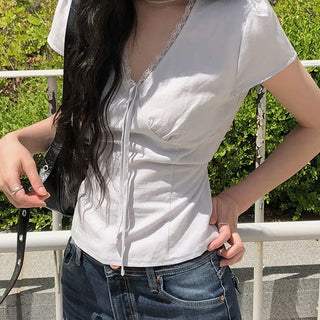Sheer Ribbon Lace V-Neck Blouse
