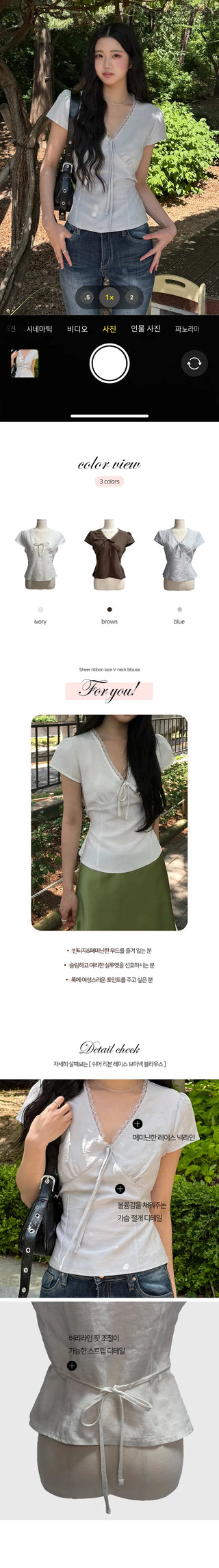 Sheer Ribbon Lace V-Neck Blouse