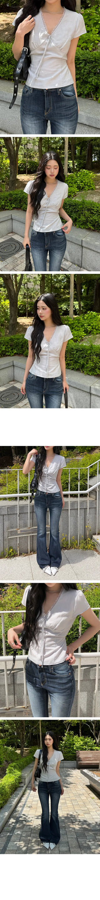 Sheer Ribbon Lace V-Neck Blouse
