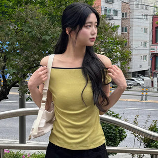 Whip color block off-shoulder short-sleeve T-shirt