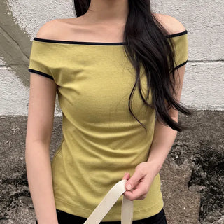 Whip color block off-shoulder short-sleeve T-shirt