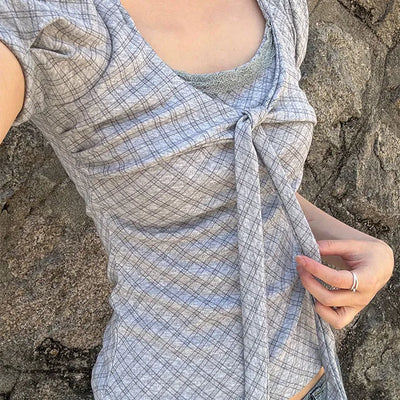 Pion Check Ribbon Lace Short Sleeve T-shirt