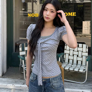 Pion Check Ribbon Lace Short Sleeve T-shirt