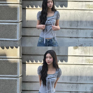 Pion Check Ribbon Lace Short Sleeve T-shirt
