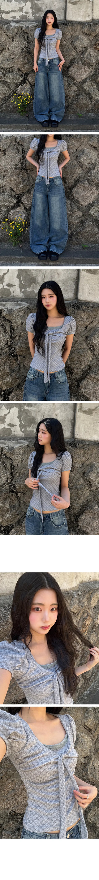 Pion Check Ribbon Lace Short Sleeve T-shirt