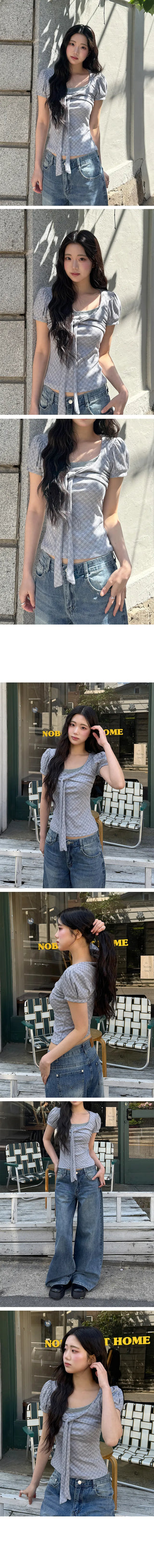 Pion Check Ribbon Lace Short Sleeve T-shirt
